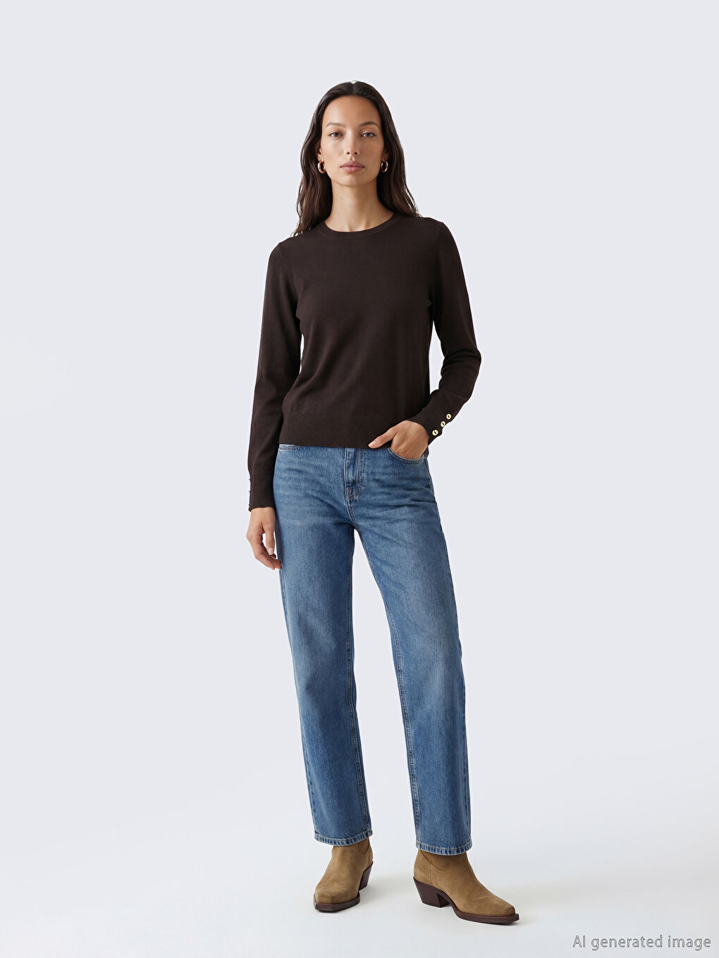 Kahverengi Bisiklet Yaka Kadın Triko Kazak	-1