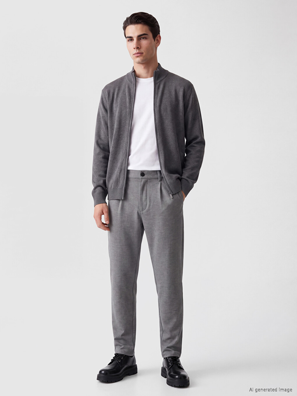 Gri Regular Fit Dik Yaka Erkek Triko Hırka-1
