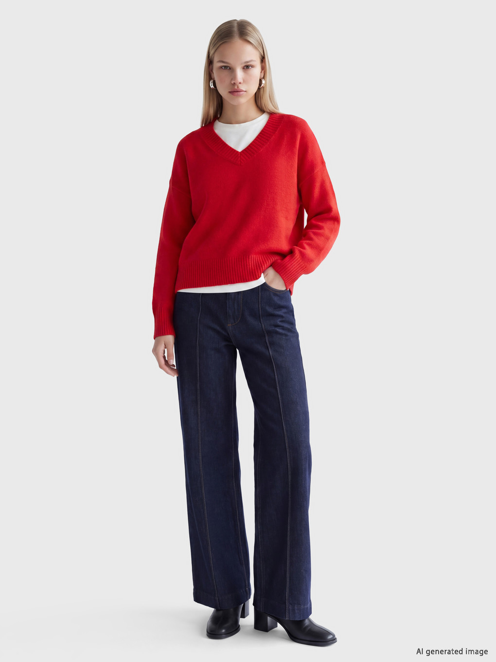 V Yaka Oversize Kadın Triko Kazak-1