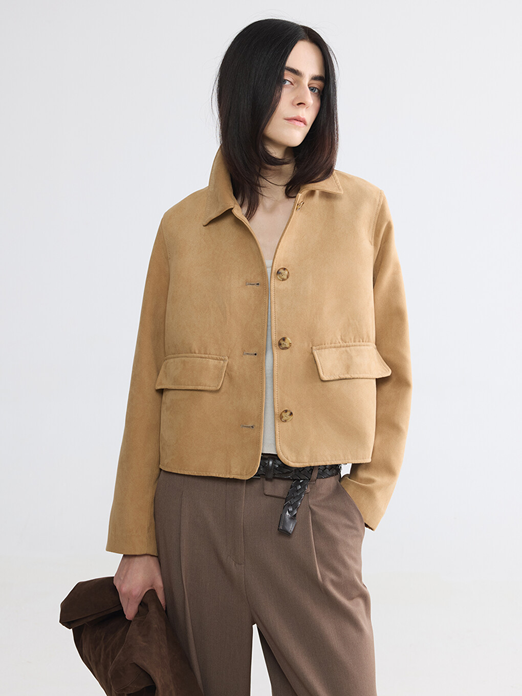 Shirt Collar Suede Look Women's Jacket