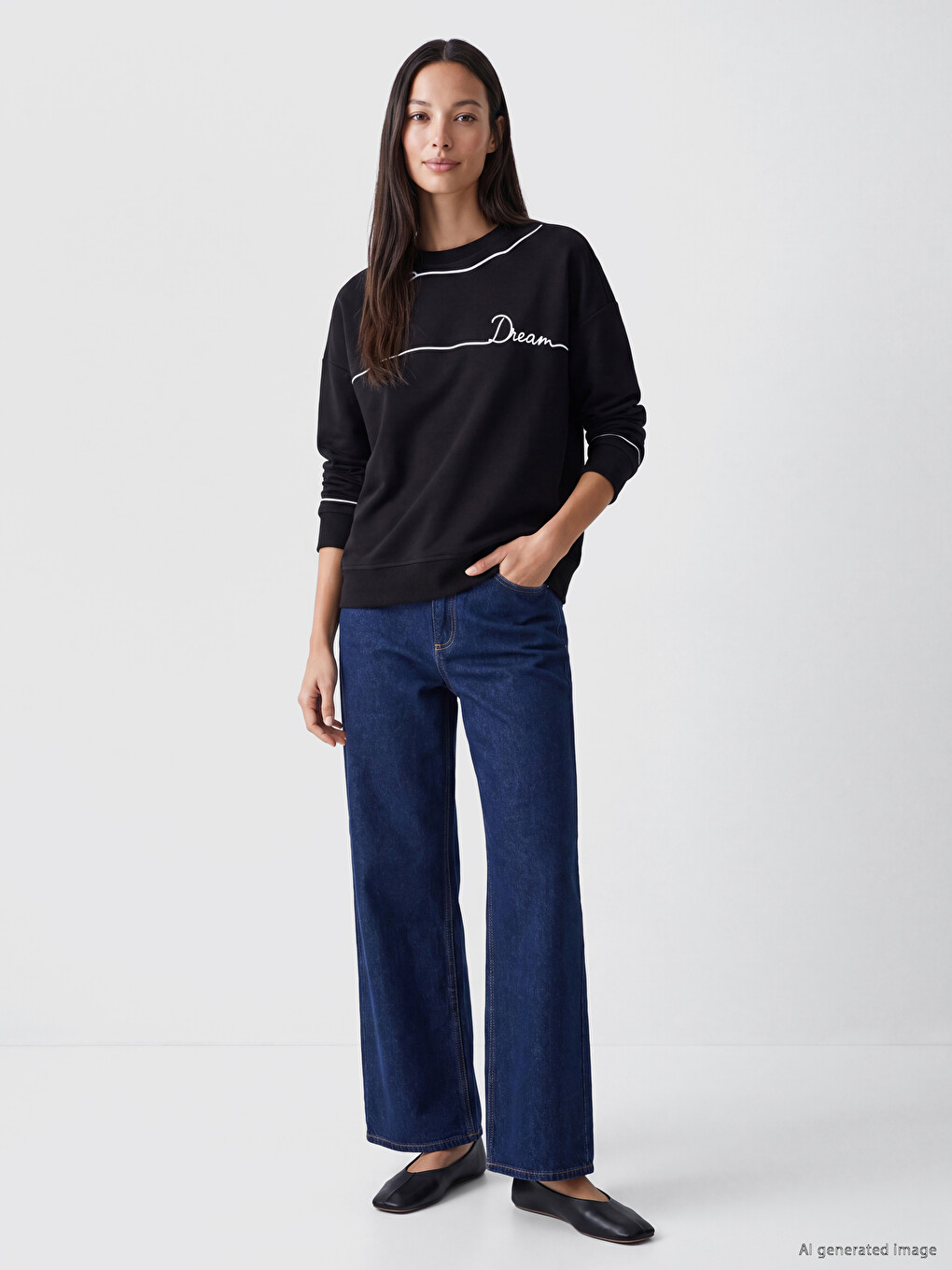 Siyah Baskılı Soft Touch Kadın Sweatshirt-1