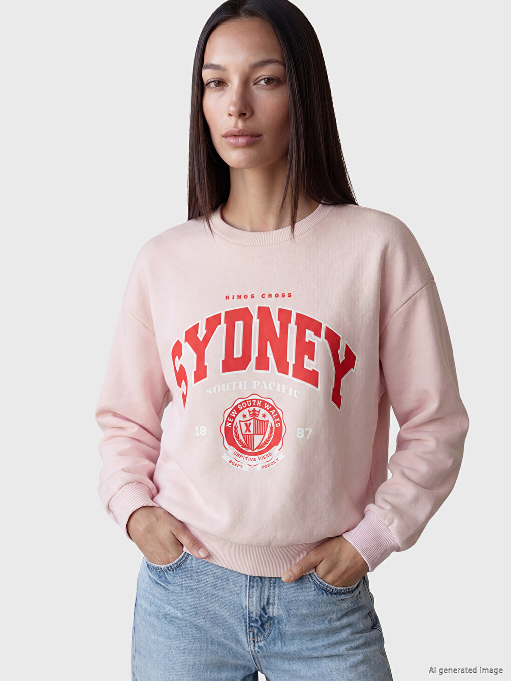 Pembe Sydney Baskılı Oversize Kadın Kalın Sweatshirt