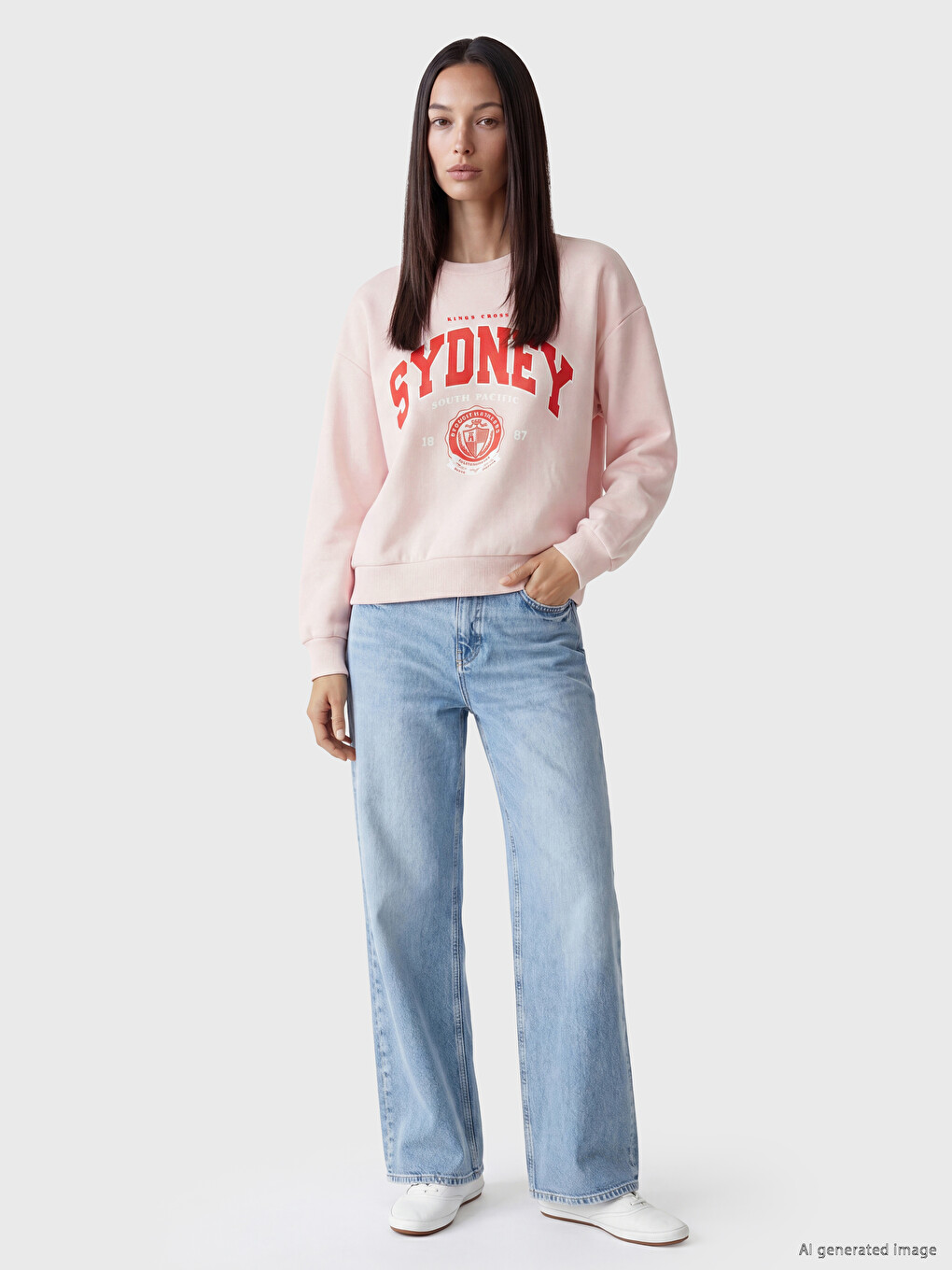 Pembe Sydney Baskılı Oversize Kadın Kalın Sweatshirt-1
