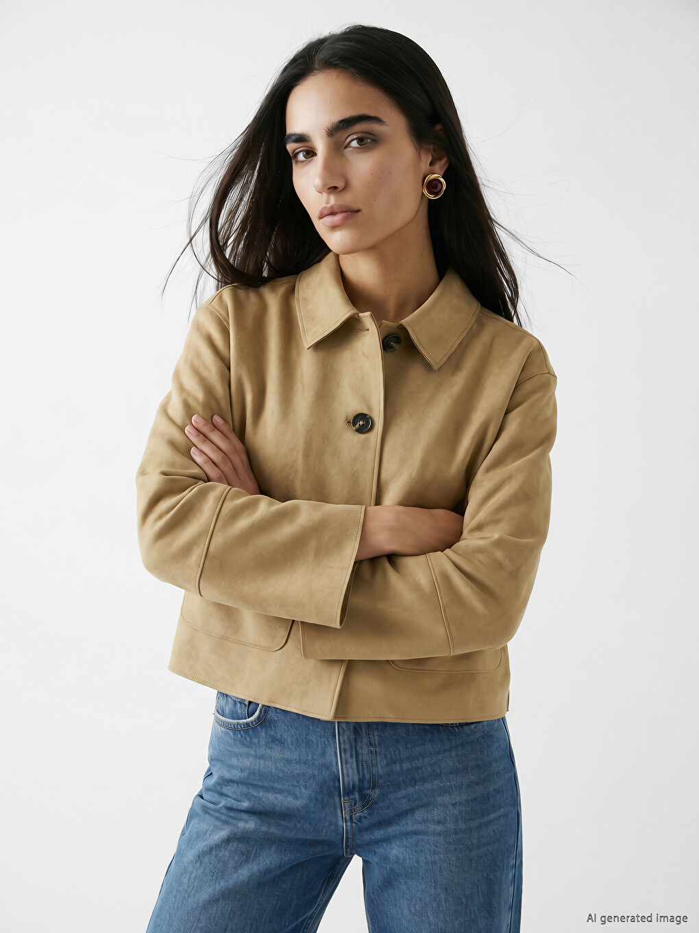 Bej Gömlek Yaka Süet Görünümlü Kadın Ceket