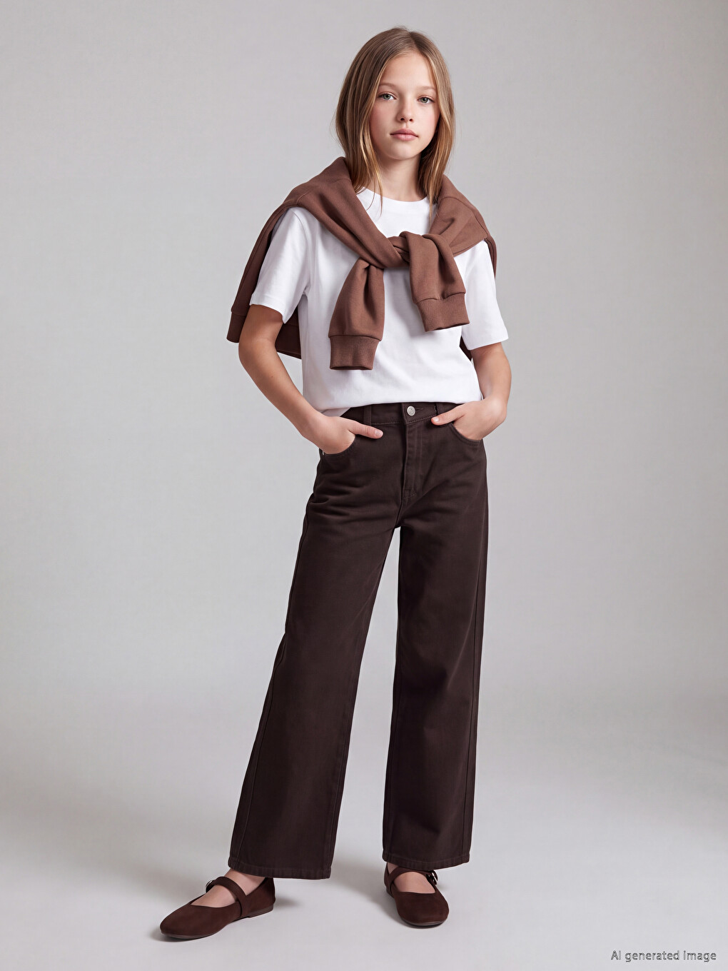 Kahverengi Wideleg Kız Çocuk Gabardin Pantolon