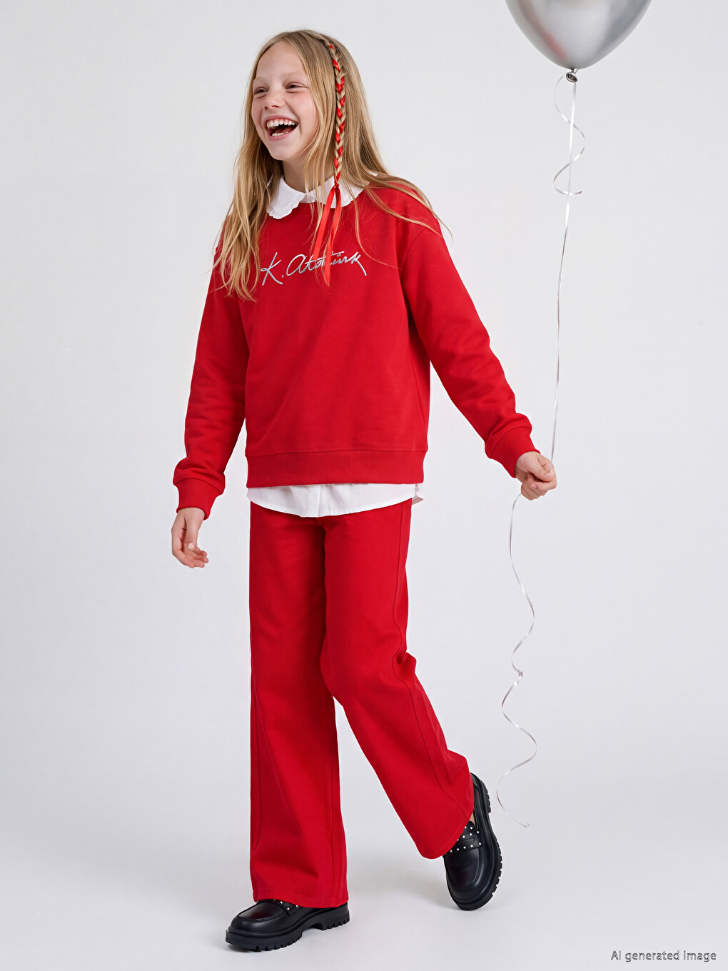 Kırmızı Wideleg Kız Çocuk Gabardin Pantolon-1