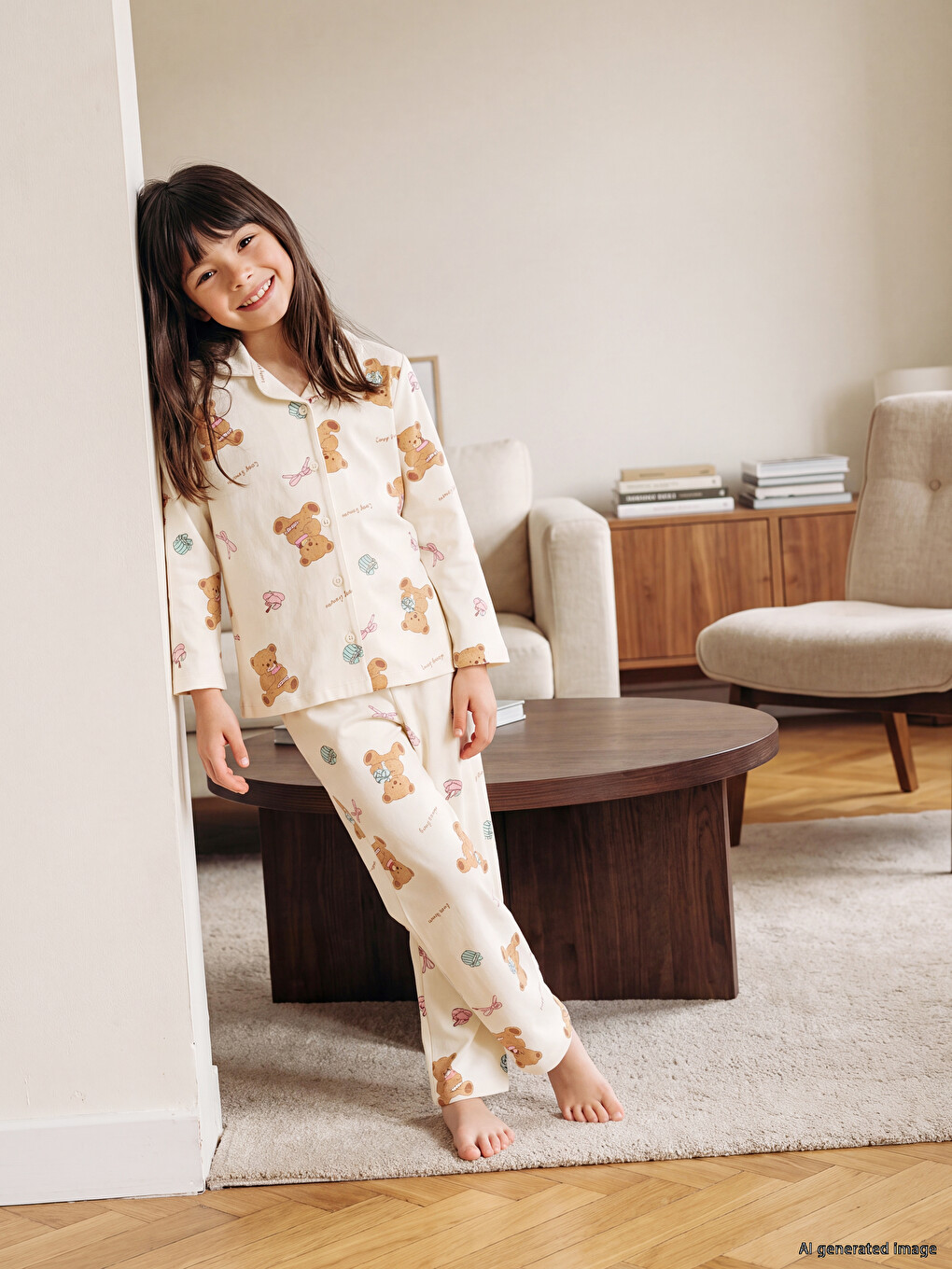 Collared Neck Printed Girls' Pyjamas Set