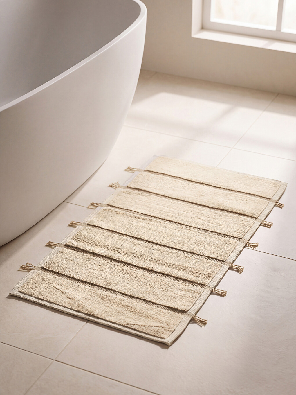 Bej Püsküllü Çizgili Banyo Paspas Takımı 60x100 Cm