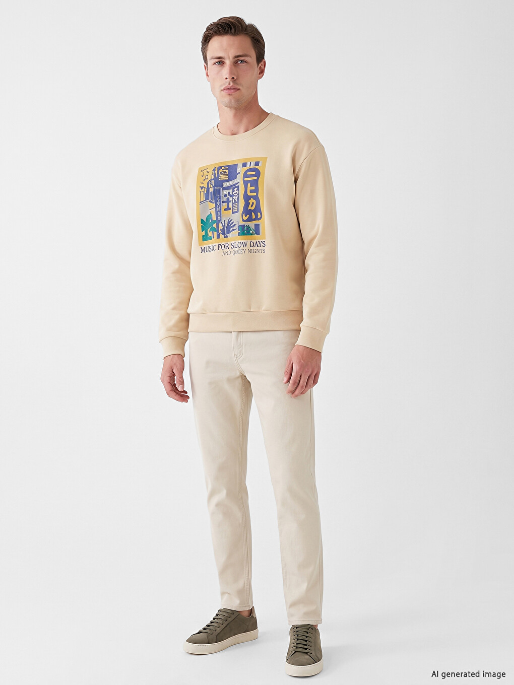 Bej Bisiklet Yaka Baskılı Erkek Sweatshirt-1