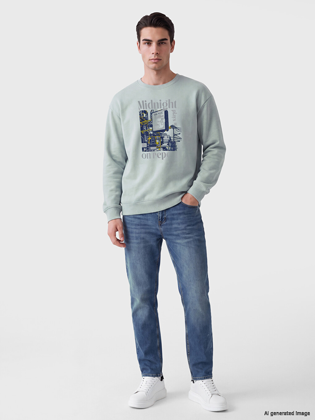 Yeşil Bisiklet Yaka Baskılı Erkek Sweatshirt-1