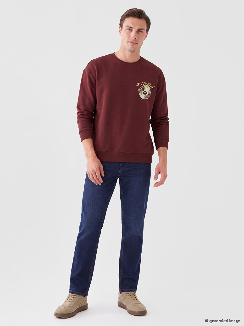 Kahverengi Bisiklet Yaka Baskılı Erkek Sweatshirt-1