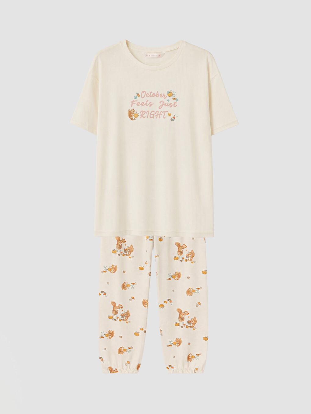 Ekru Bisiklet Yaka Baskılı Kadın Pijama Takım