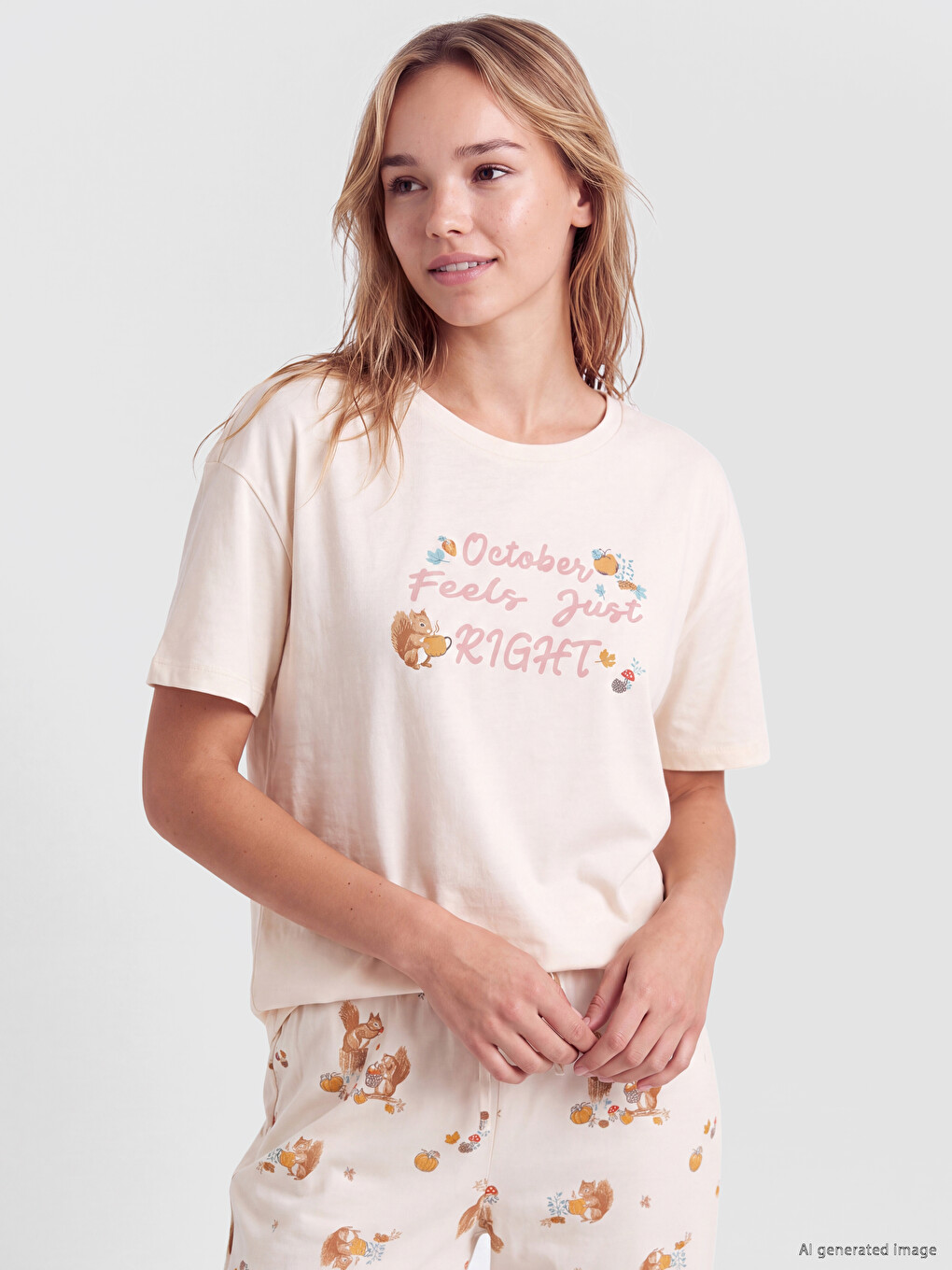 Ekru Bisiklet Yaka Baskılı Kadın Pijama Takım