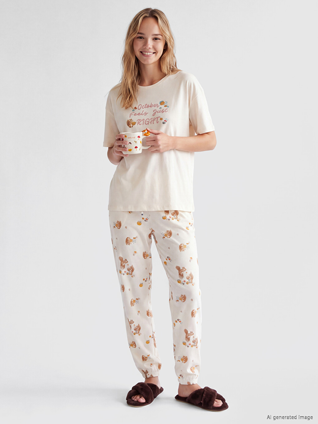 Ekru Bisiklet Yaka Baskılı Kadın Pijama Takım-1