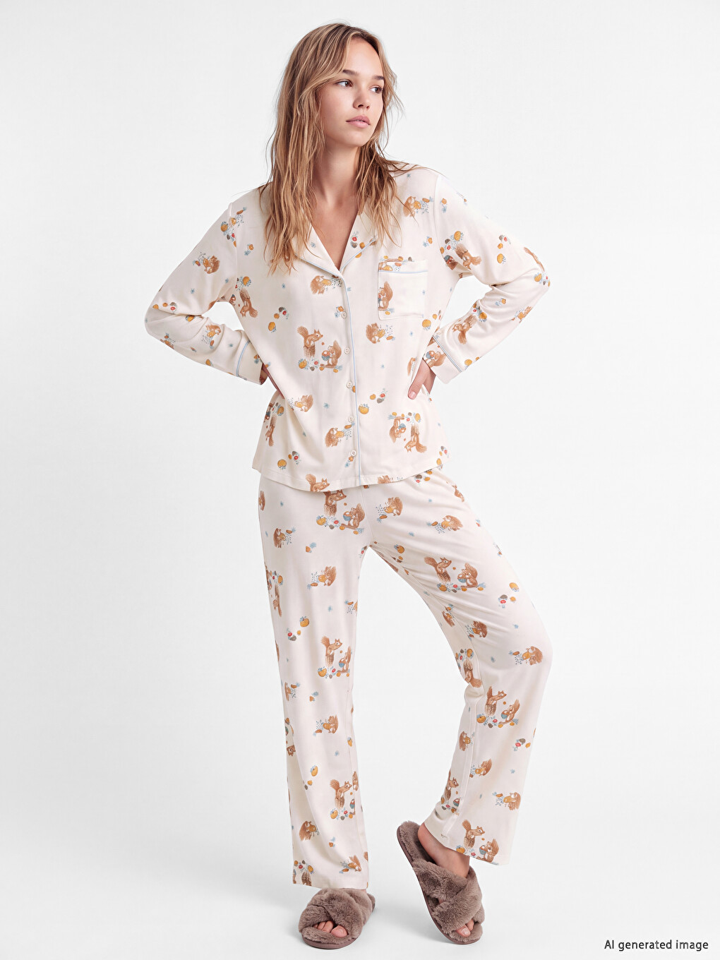 Shirt Collar Patterned Women's Pyjamas Set