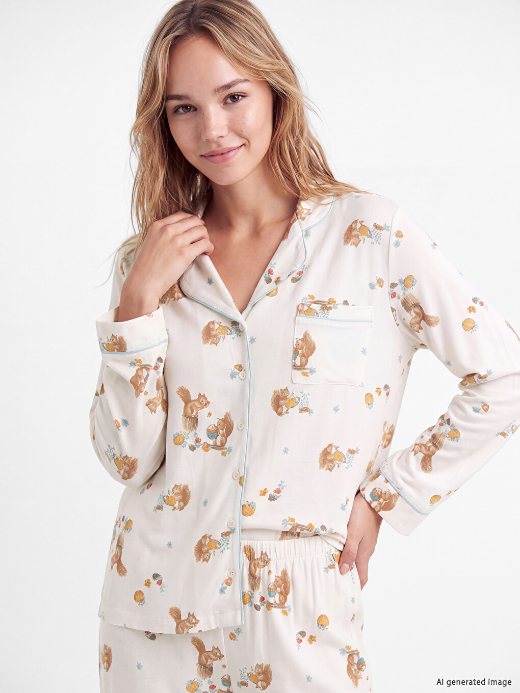 Shirt Collar Patterned Women's Pyjamas Set-1
