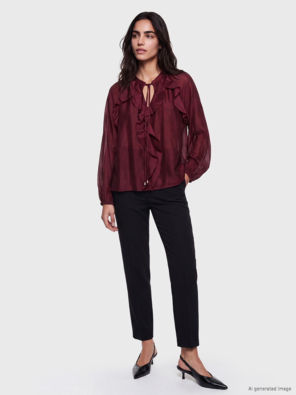 Tie Neck Frilled Poplin Blouse-1