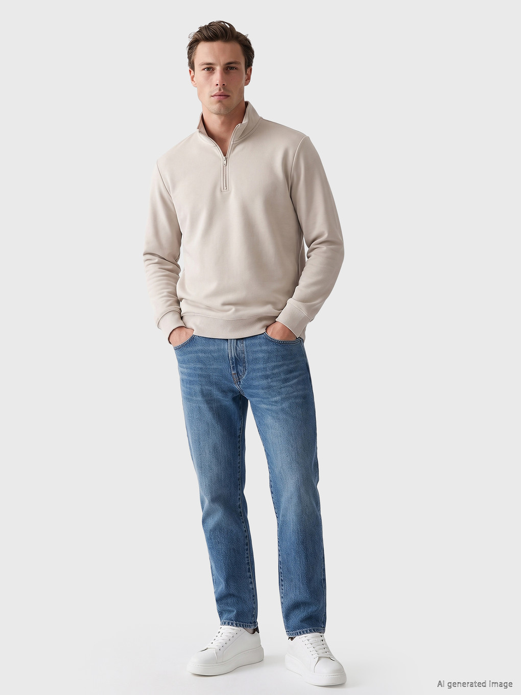 Gri Dik Yaka Erkek Kalın Sweatshirt-1
