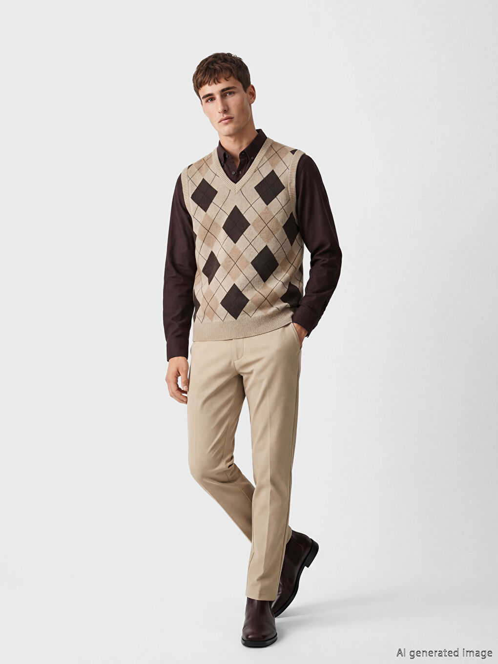 Bej Standart Kalıp V Yaka Erkek Triko Süveter-1