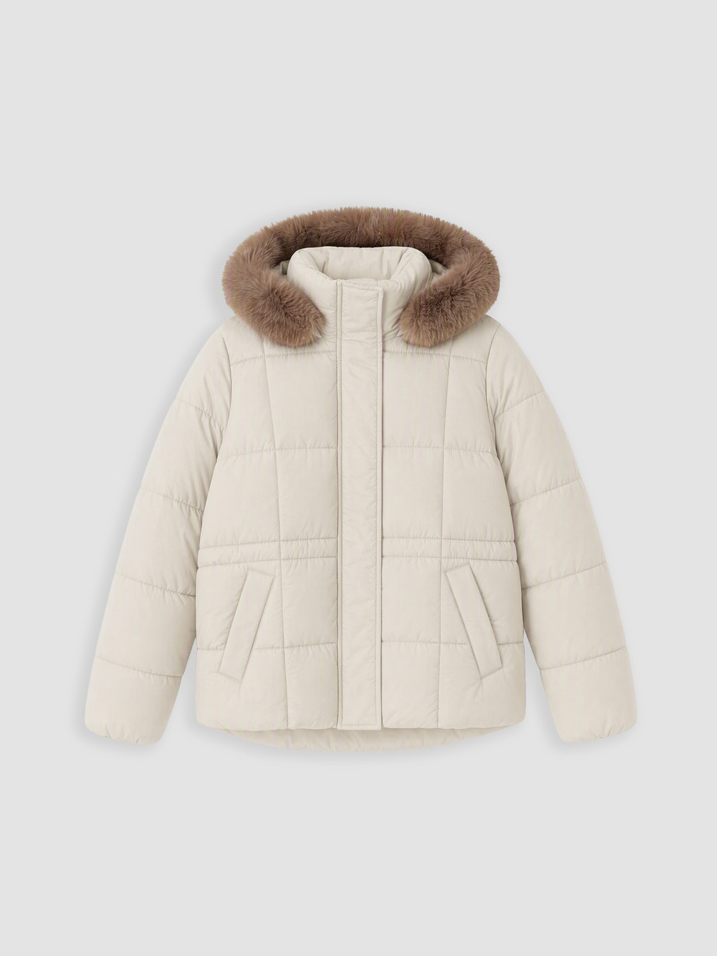Bej Kürk Kapüşonlu Oversize Kadın Şişme Mont-5