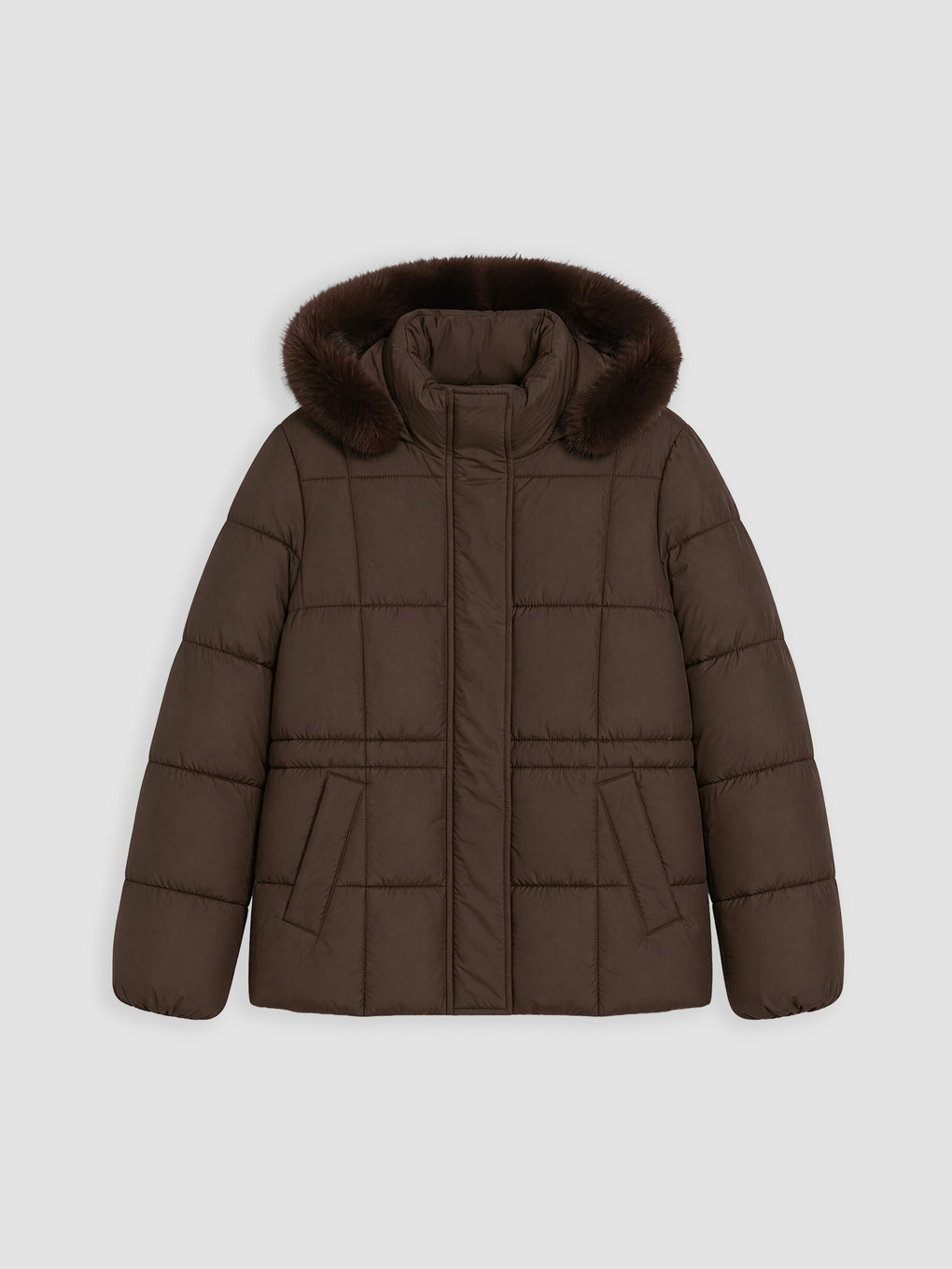Kahverengi Kürk Kapüşonlu Oversize Kadın Şişme Mont-5