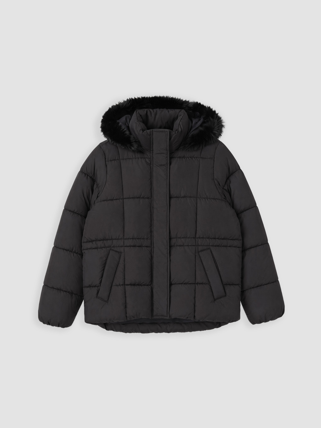 Siyah Kürk Kapüşonlu Oversize Kadın Şişme Mont-5