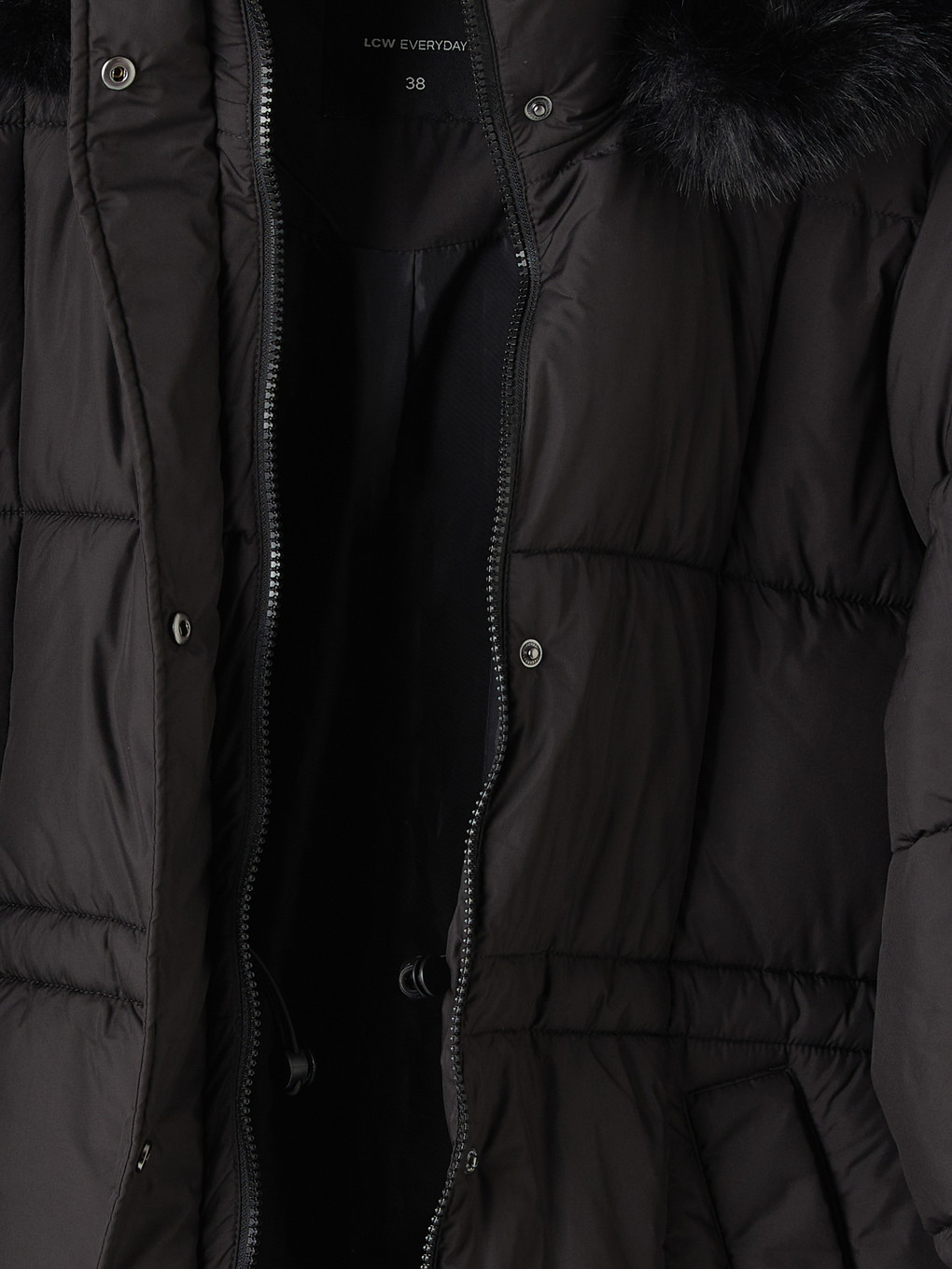 Siyah Kürk Kapüşonlu Oversize Kadın Şişme Mont-8