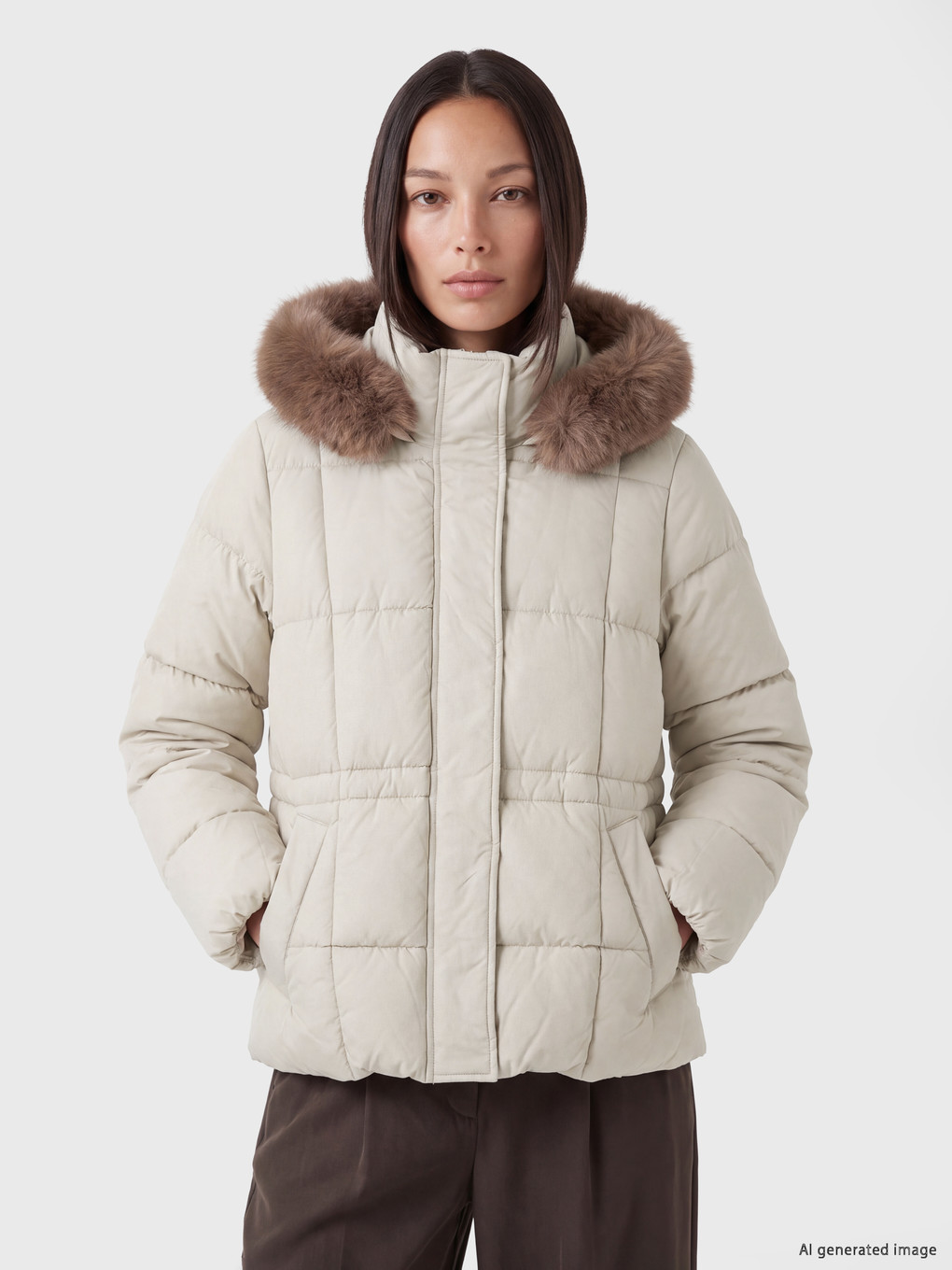 Bej Kürk Kapüşonlu Oversize Kadın Şişme Mont