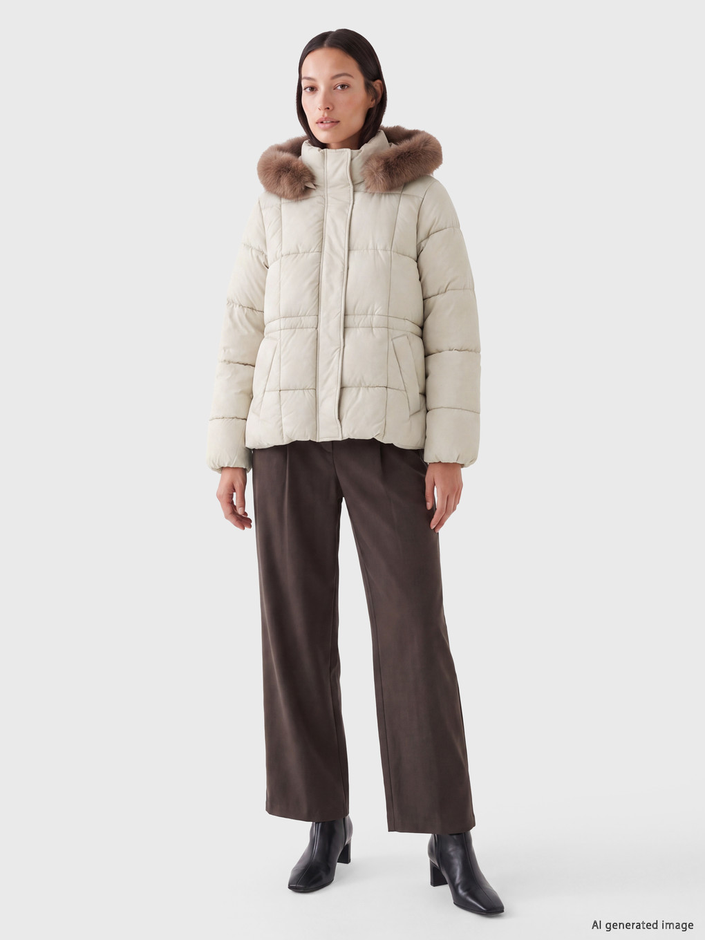 Bej Kürk Kapüşonlu Oversize Kadın Şişme Mont-1