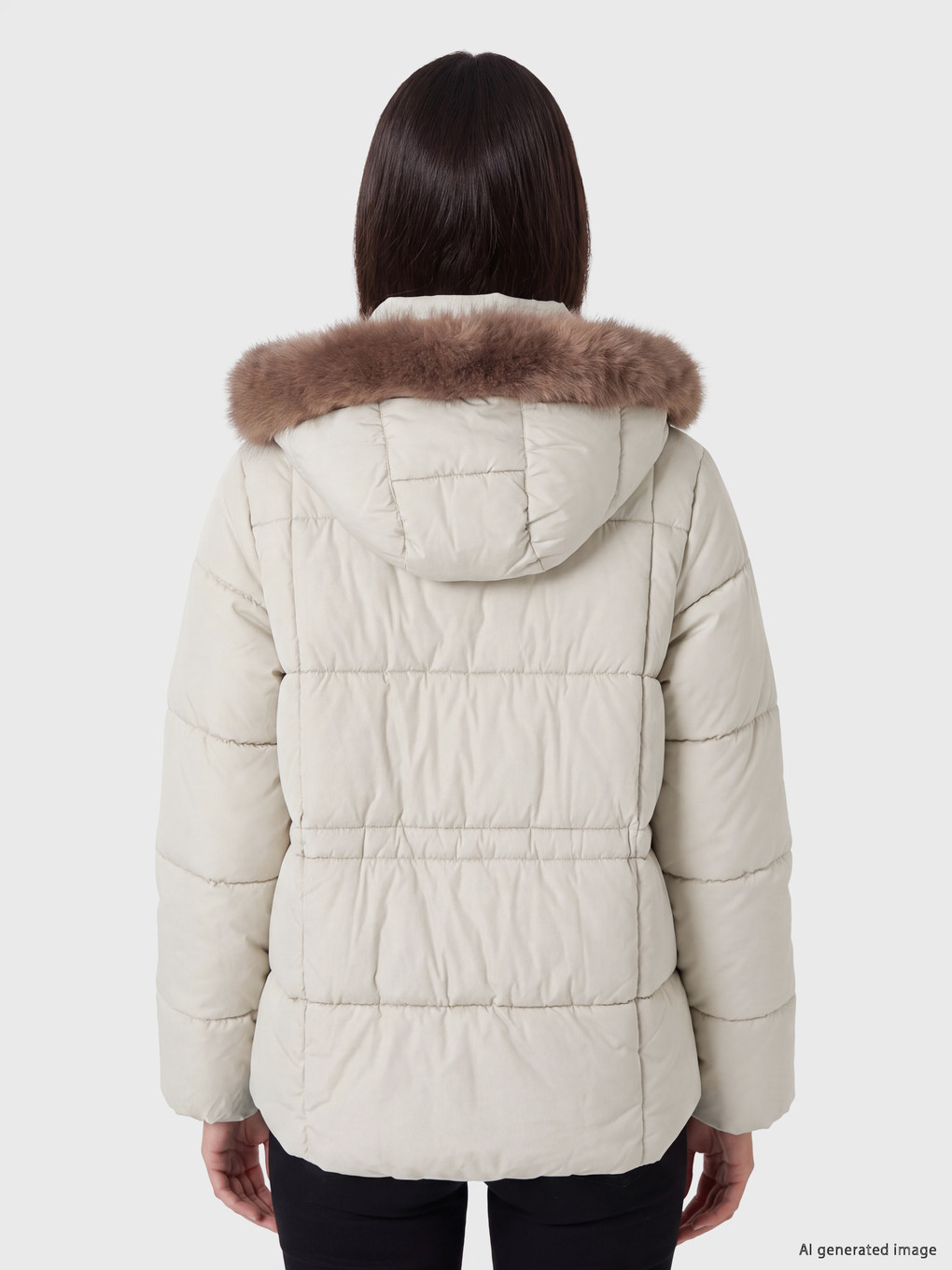 Bej Kürk Kapüşonlu Oversize Kadın Şişme Mont-3