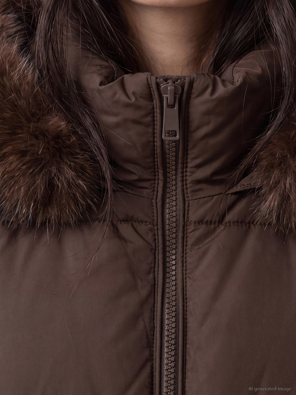 Kahverengi Kürk Kapüşonlu Oversize Kadın Şişme Mont-3