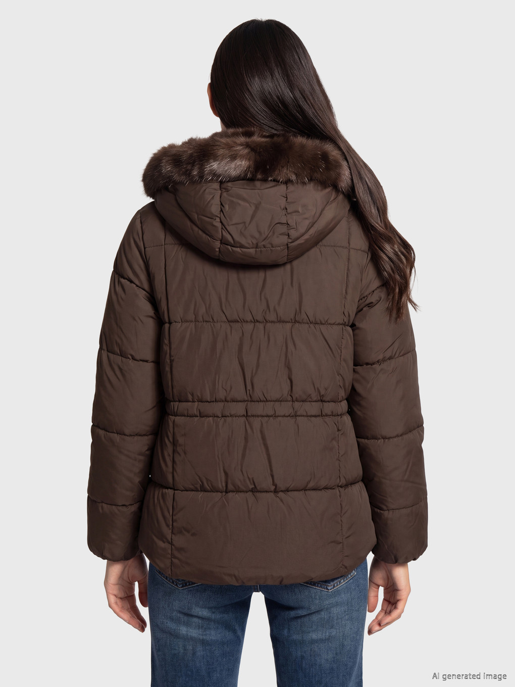 Kahverengi Kürk Kapüşonlu Oversize Kadın Şişme Mont-4