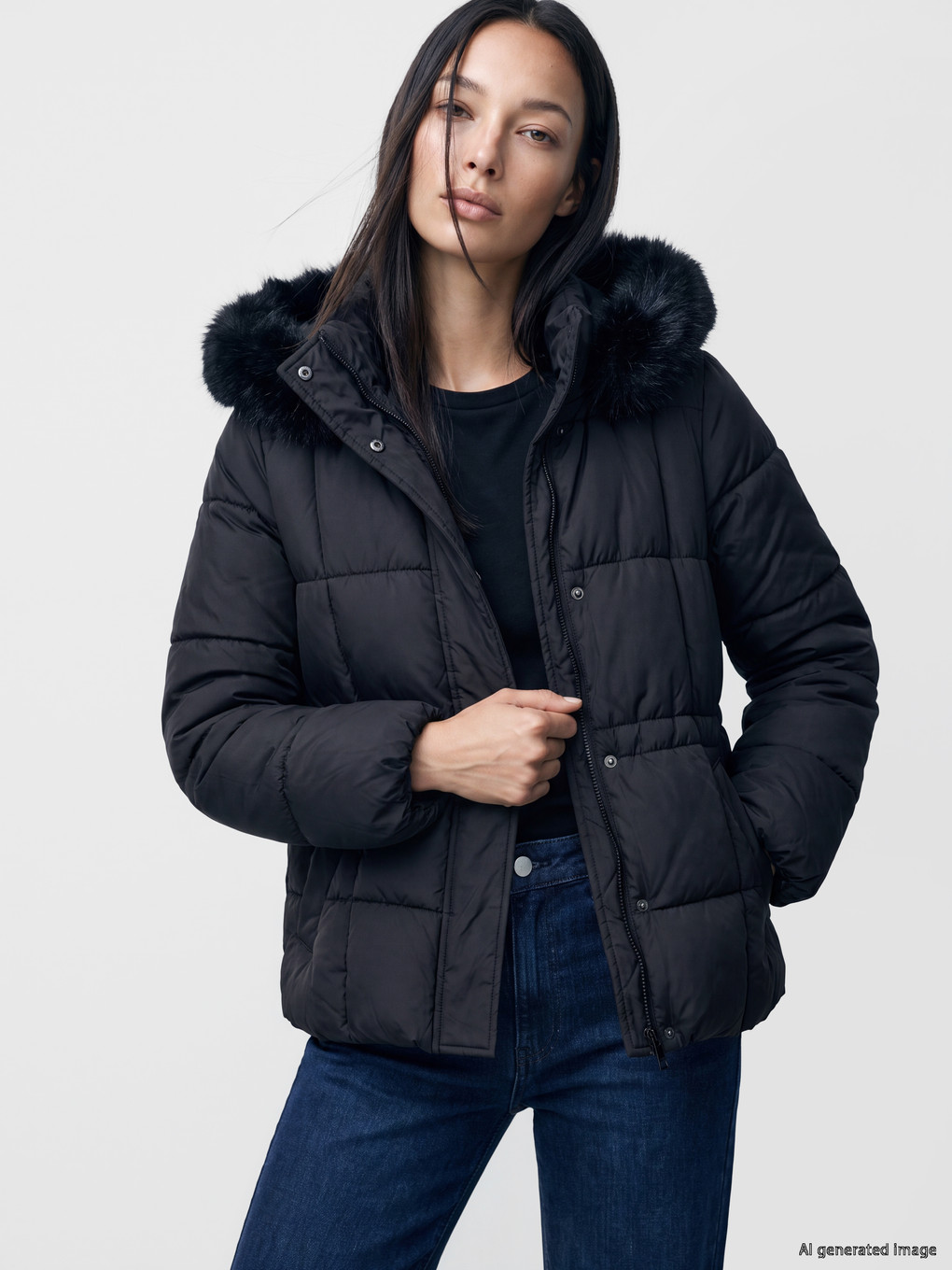 Siyah Kürk Kapüşonlu Oversize Kadın Şişme Mont