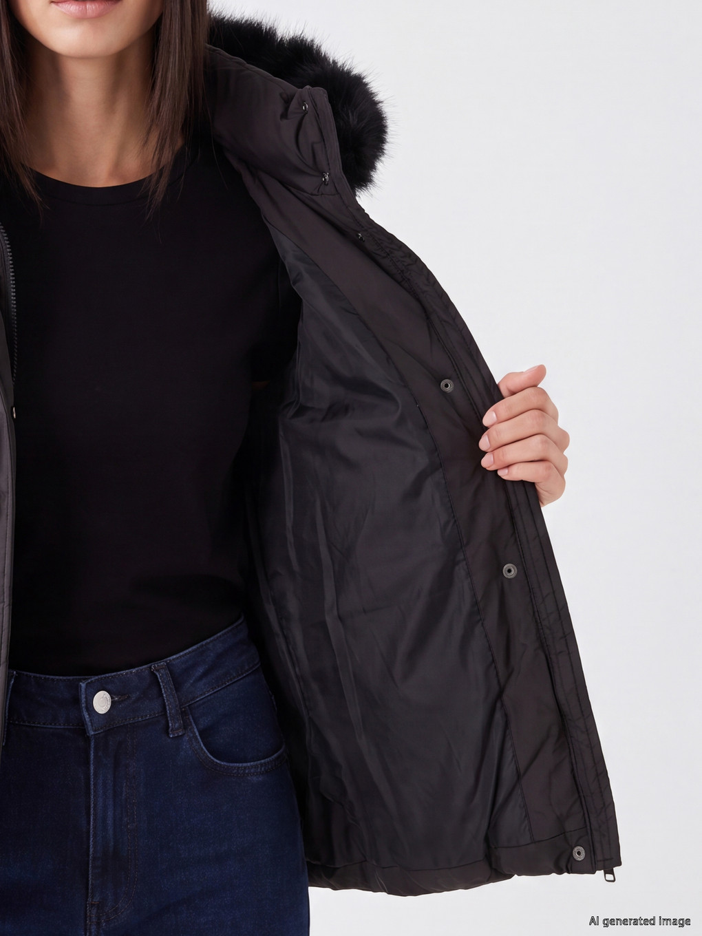 Siyah Kürk Kapüşonlu Oversize Kadın Şişme Mont-3