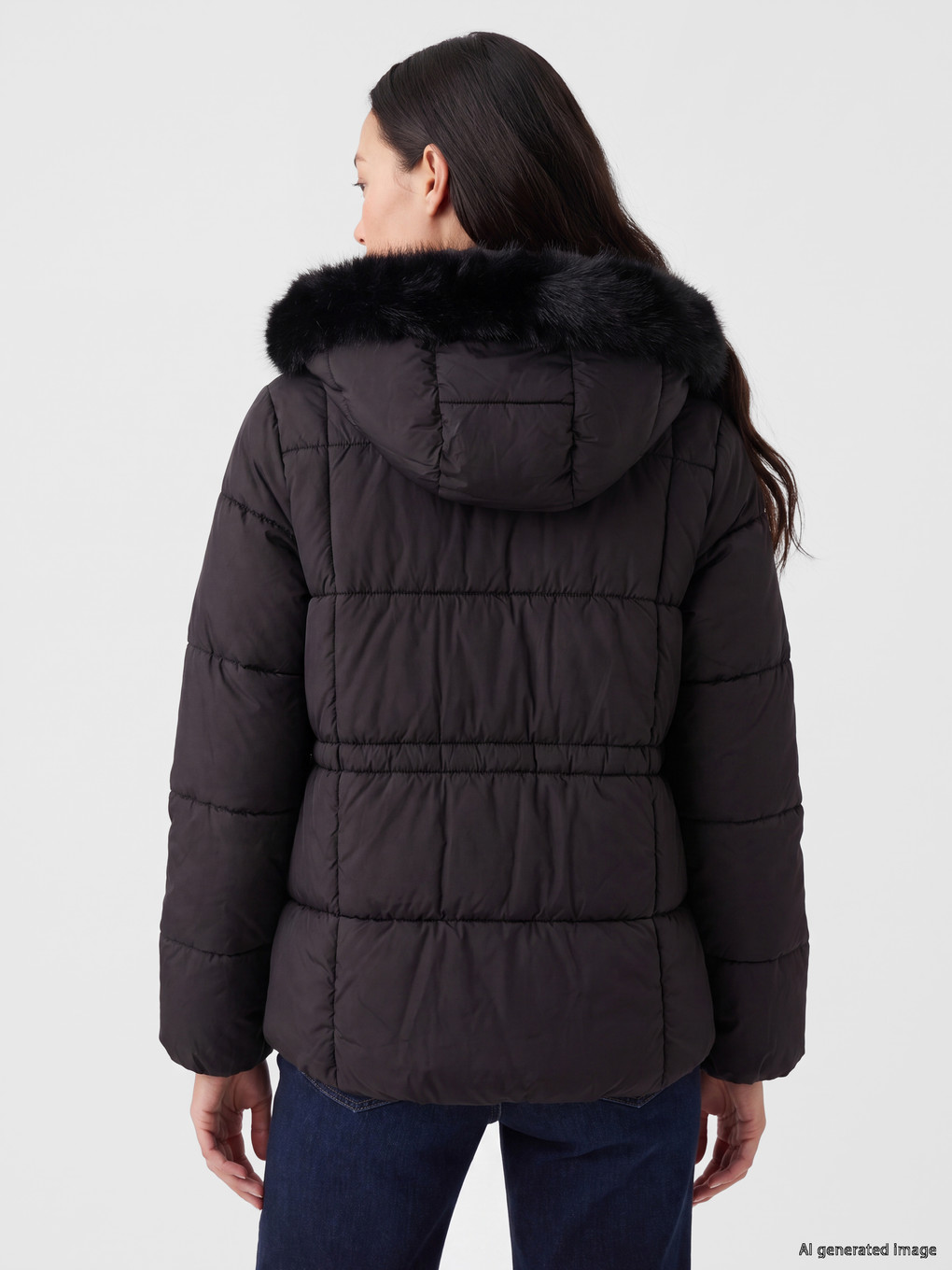 Siyah Kürk Kapüşonlu Oversize Kadın Şişme Mont-4