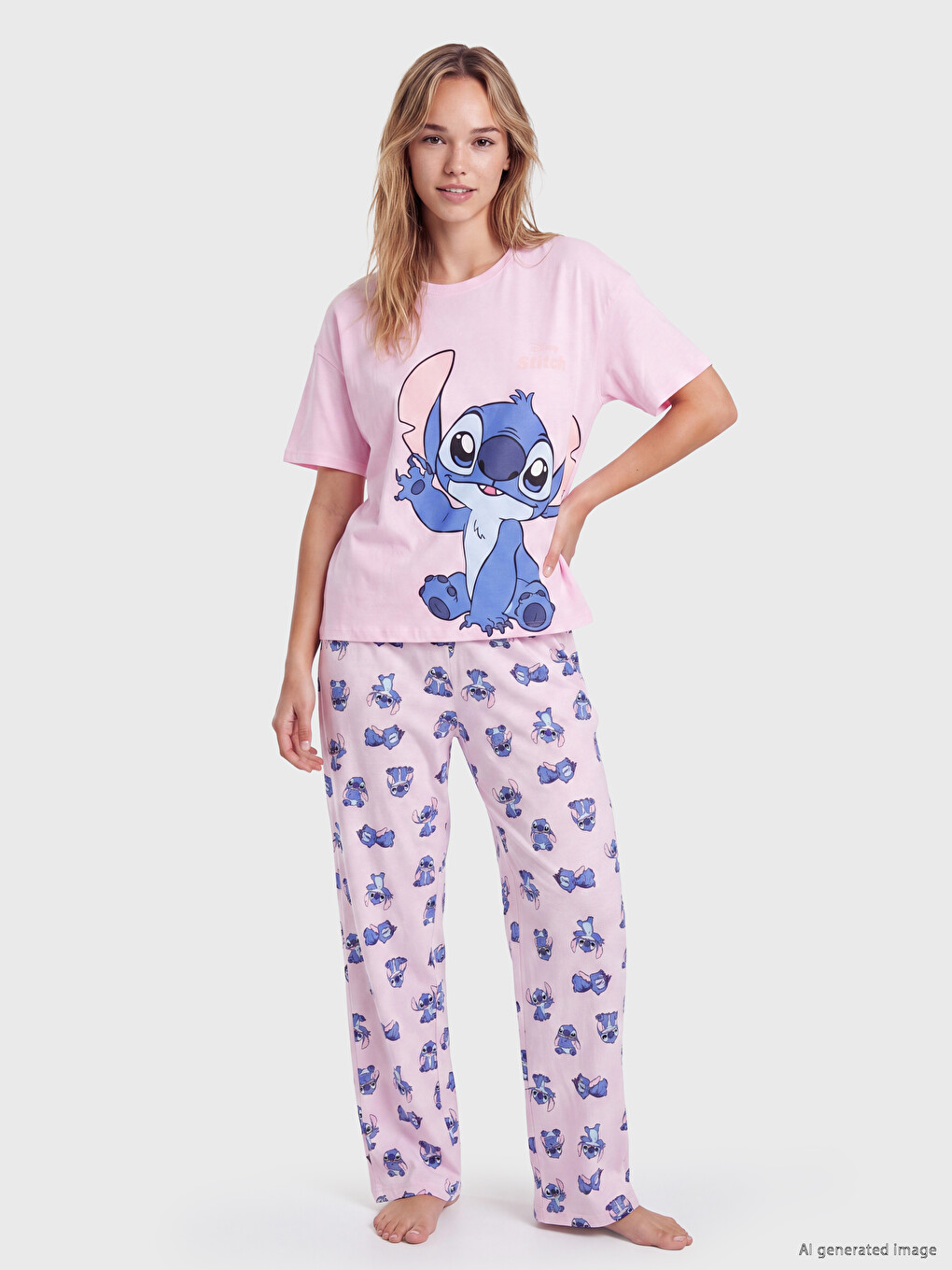 Pembe Stitch Baskılı Kadın Pijama Takım-1