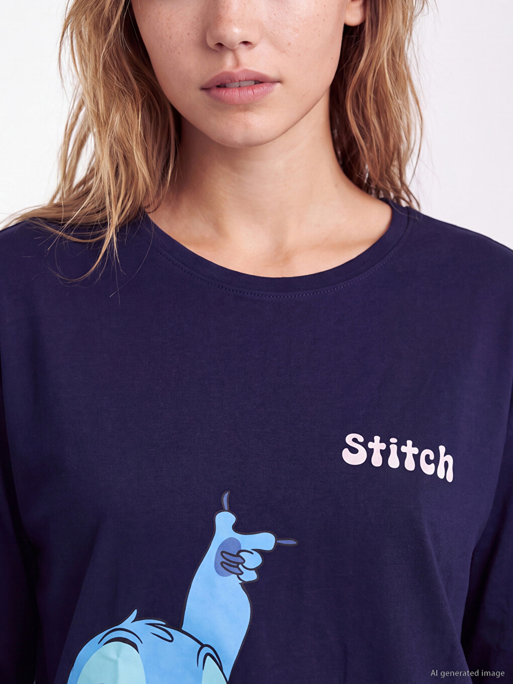 Lacivert Stitch Baskılı Kadın Pijama Takım-2