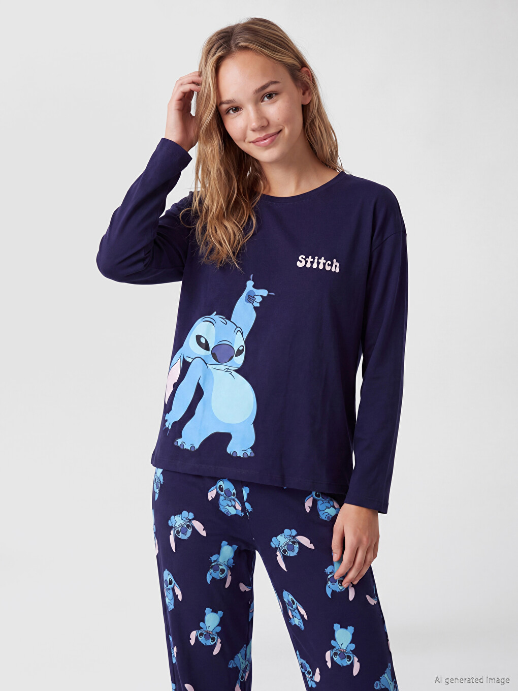 Lacivert Stitch Baskılı Kadın Pijama Takım