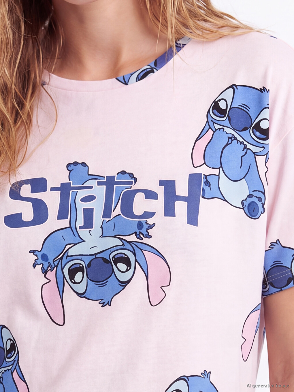 Pembe Stitch Baskılı Kadın Gecelik-2