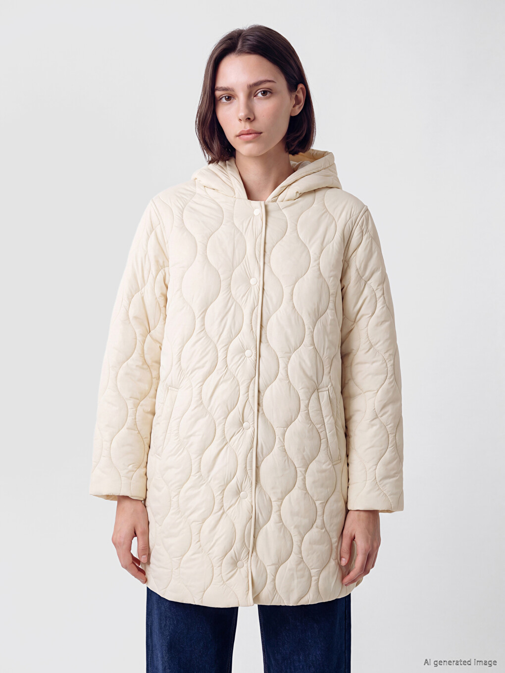 Bej Kapüşonlu Kapitone Kadın Şişme Mont
