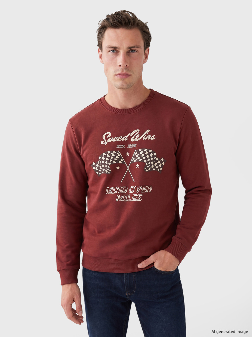 Bordo Bisiklet Yaka Baskılı Sweatshirt