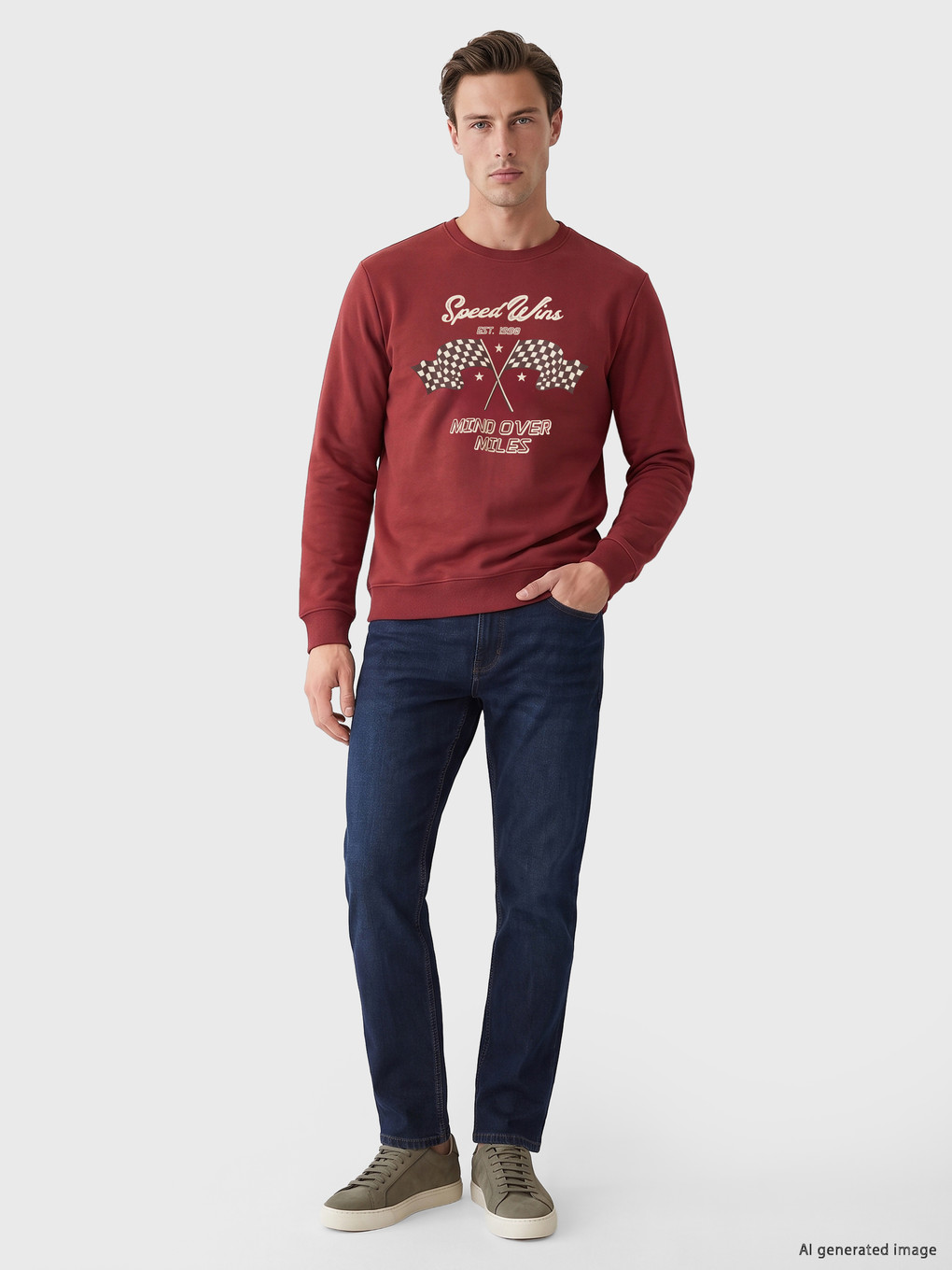 Bordo Bisiklet Yaka Baskılı Sweatshirt-1