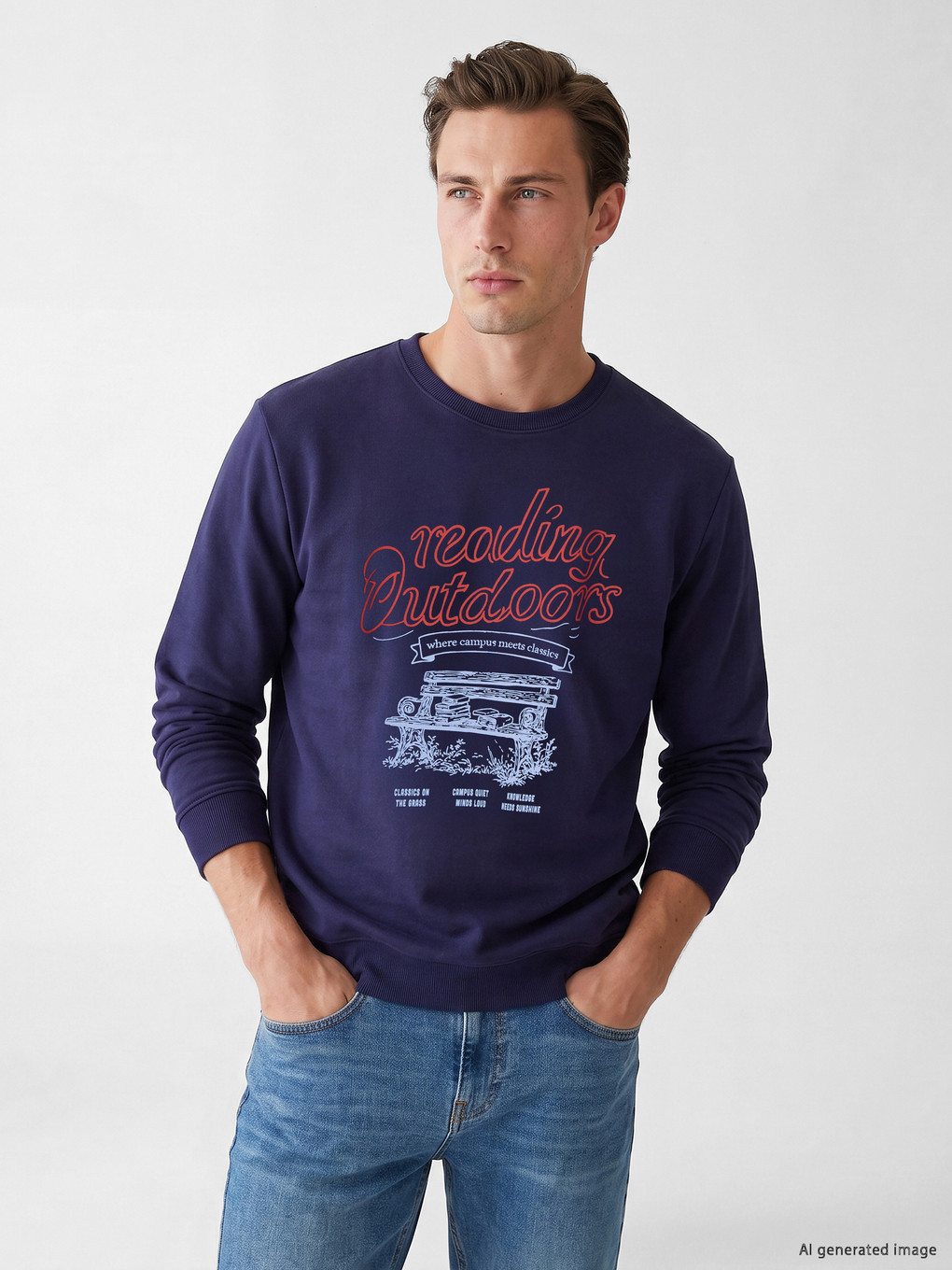 Lacivert Bisiklet Yaka Baskılı Erkek Sweatshirt