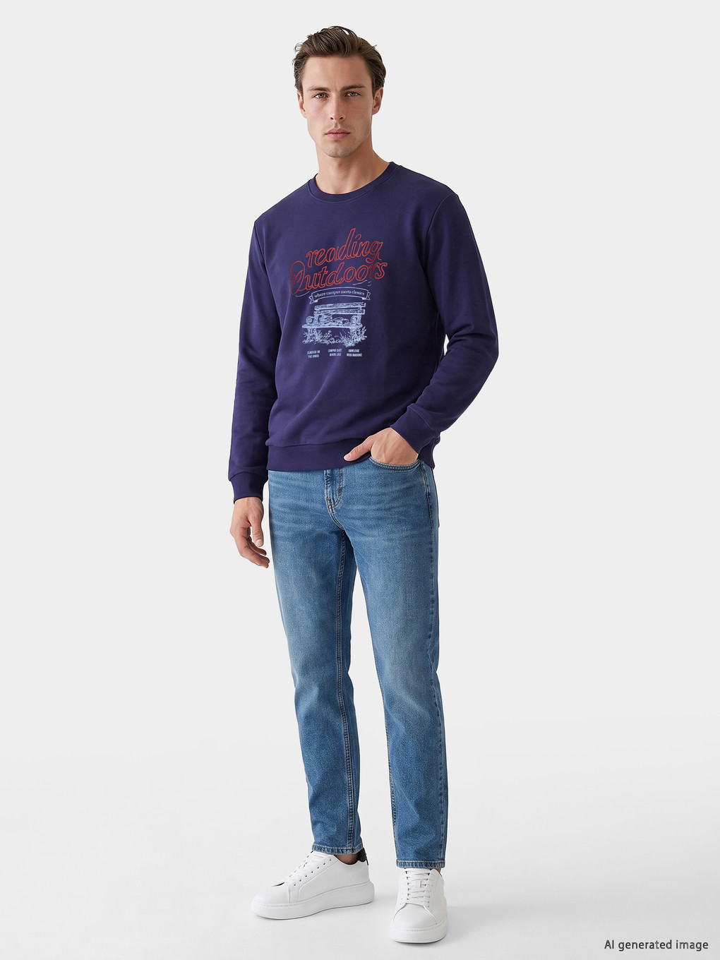 Lacivert Bisiklet Yaka Baskılı Erkek Sweatshirt-1