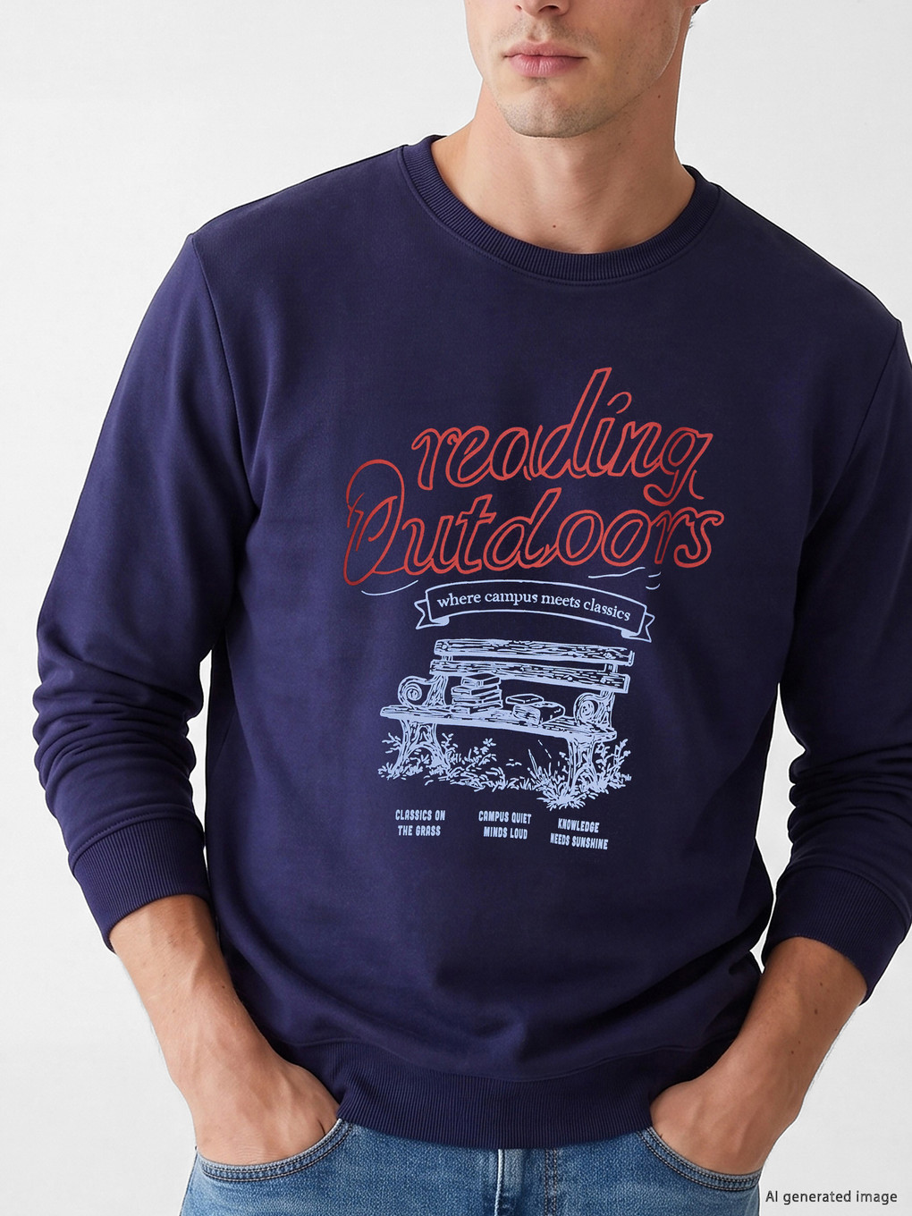 Lacivert Bisiklet Yaka Baskılı Erkek Sweatshirt-2