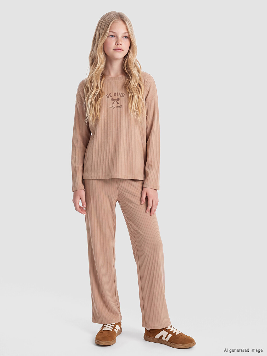 Kahverengi Bisiklet Yaka Kız Çocuk Pijama Takım-1
