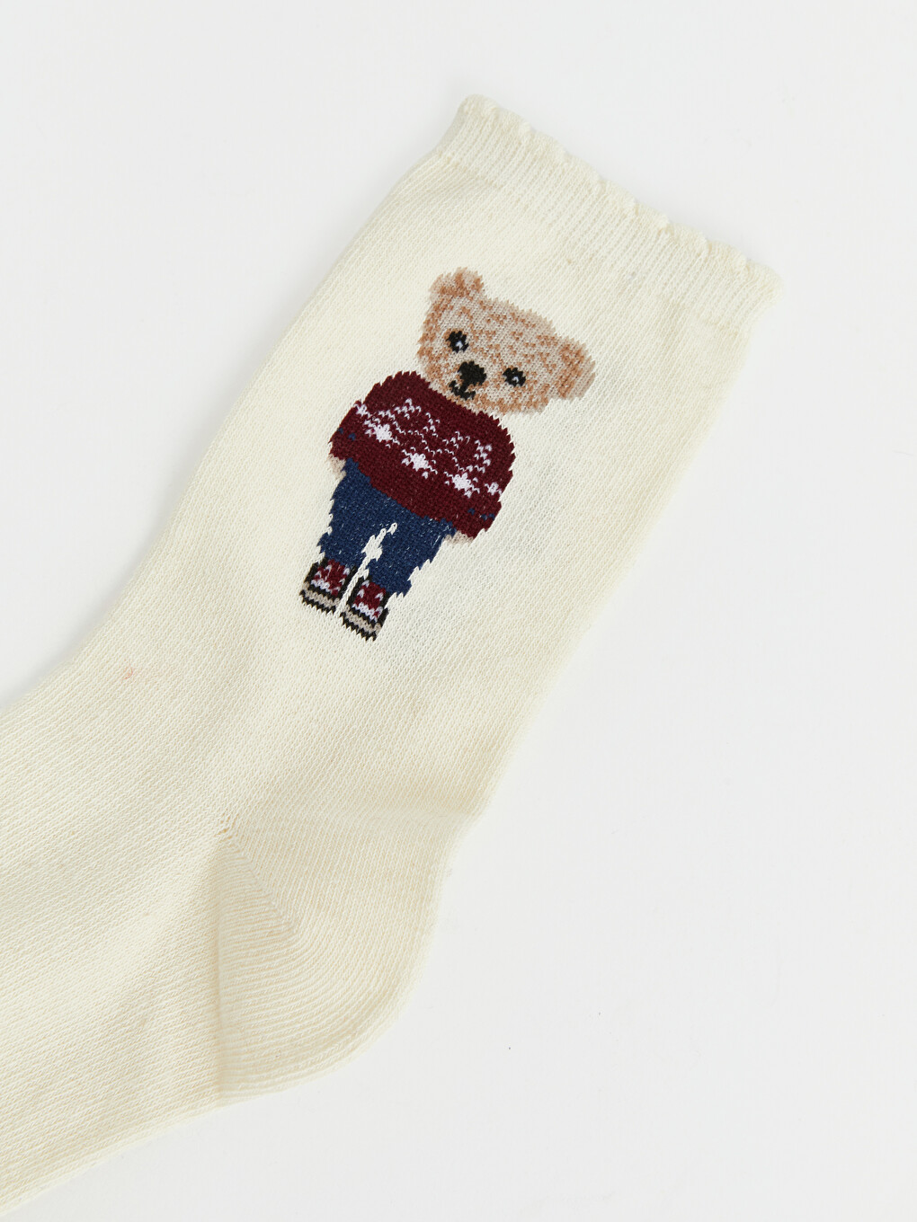 Ekru Ayı Teddy Baskılı Kadın Soket Çorap-1