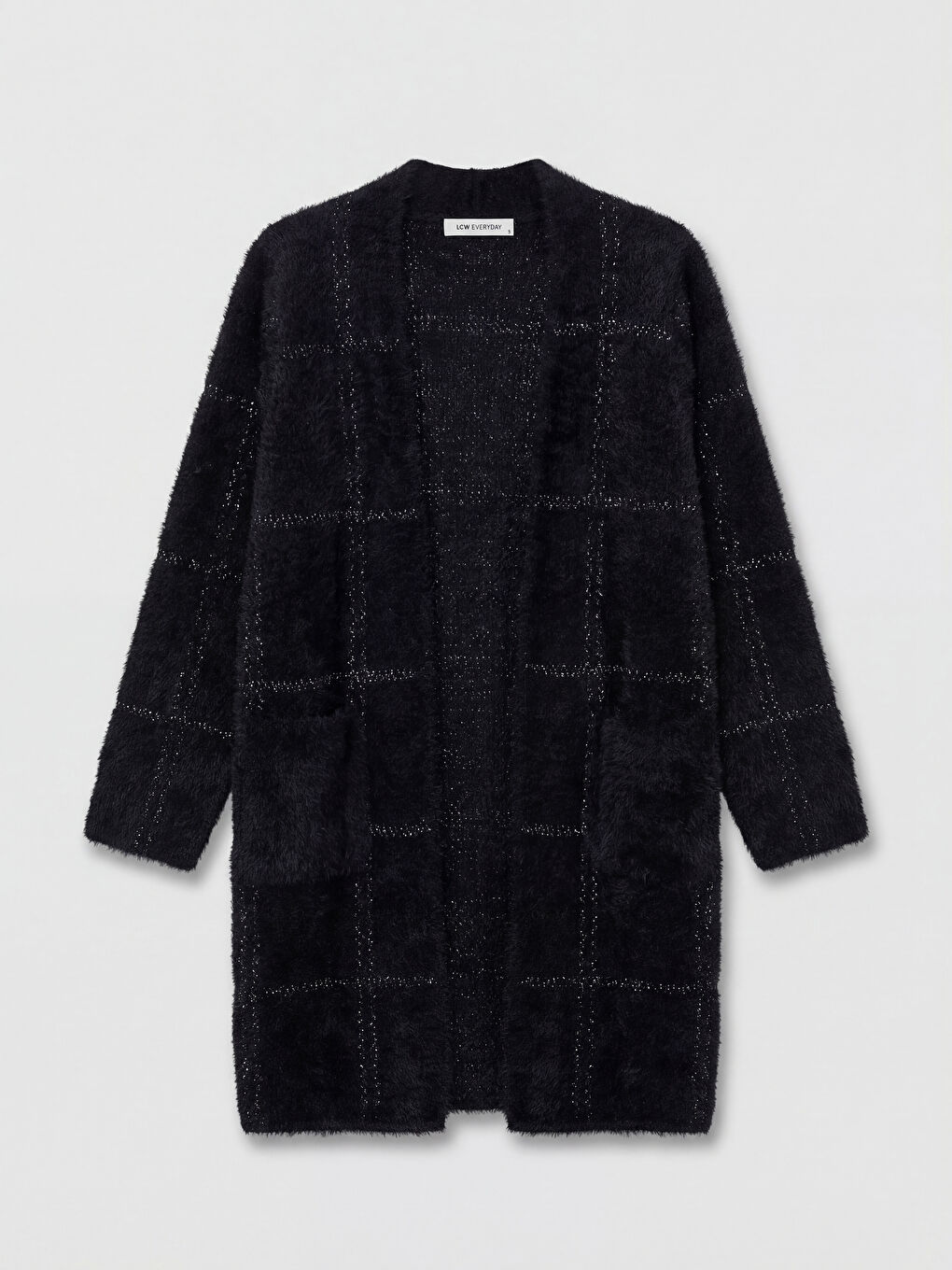 Siyah Şal Yaka Ekose Kadın Triko Pelüş Hırka-4