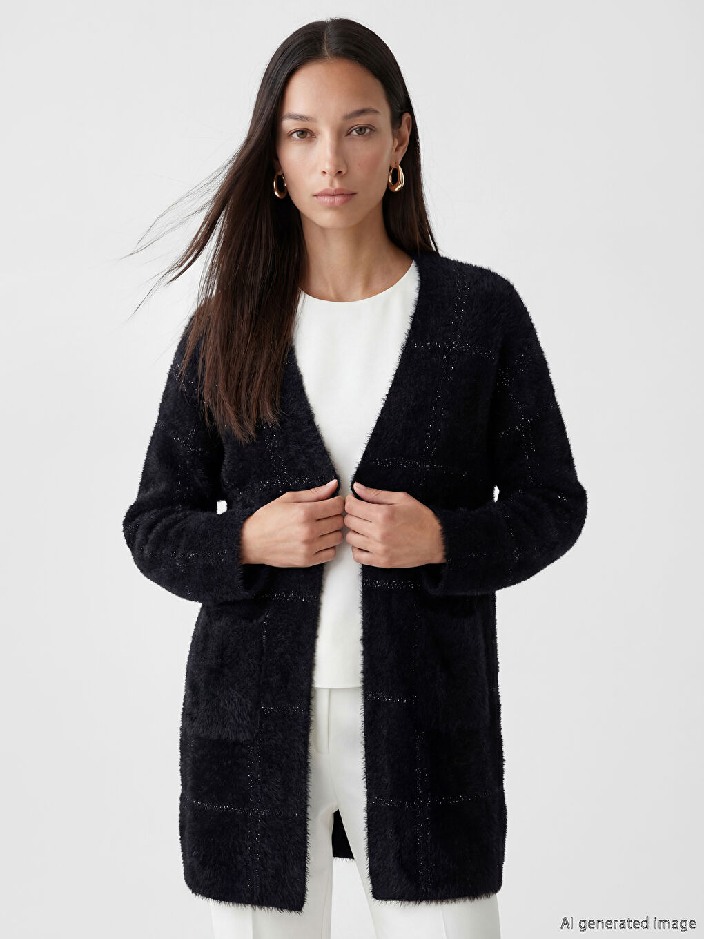 Siyah Şal Yaka Ekose Kadın Triko Pelüş Hırka