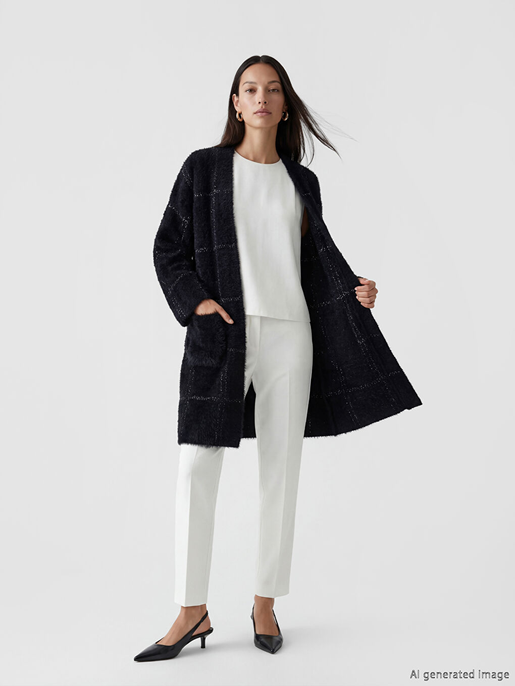 Siyah Şal Yaka Ekose Kadın Triko Pelüş Hırka-1